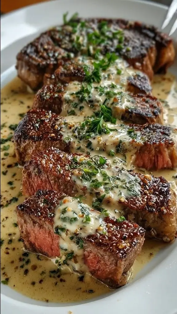 Juicy steak topped with creamy garlic sauce on a plate