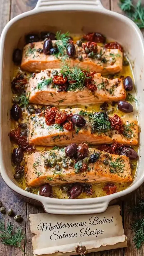 Mediterranean baked salmon garnished with herbs and vegetables on a plate