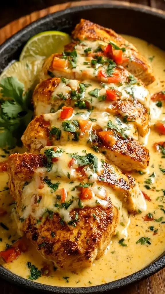 Delicious plate of Mexican chicken topped with creamy cheese sauce