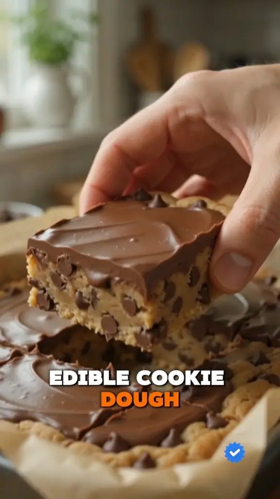 Decadent no-bake cookie dough squares arranged on a plate.