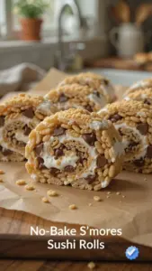 Delicious no-bake s'mores sushi rolls with chocolate, marshmallows, and graham crackers.