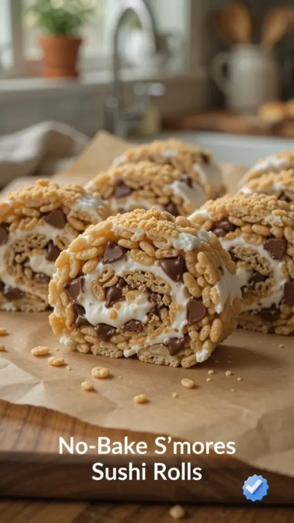 Delicious no-bake s'mores sushi rolls with chocolate, marshmallows, and graham crackers.