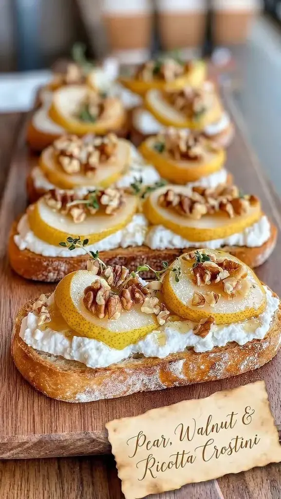 Pear, walnut, and ricotta crostini on a wooden serving board