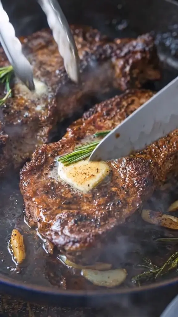Perfectly cooked pan-seared steak served on a plate with herbs