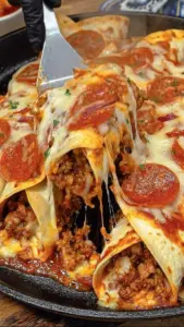 Delicious pizza enchiladas topped with cheese and fresh ingredients