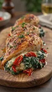Roasted red pepper, spinach, and mozzarella stuffed chicken on a plate