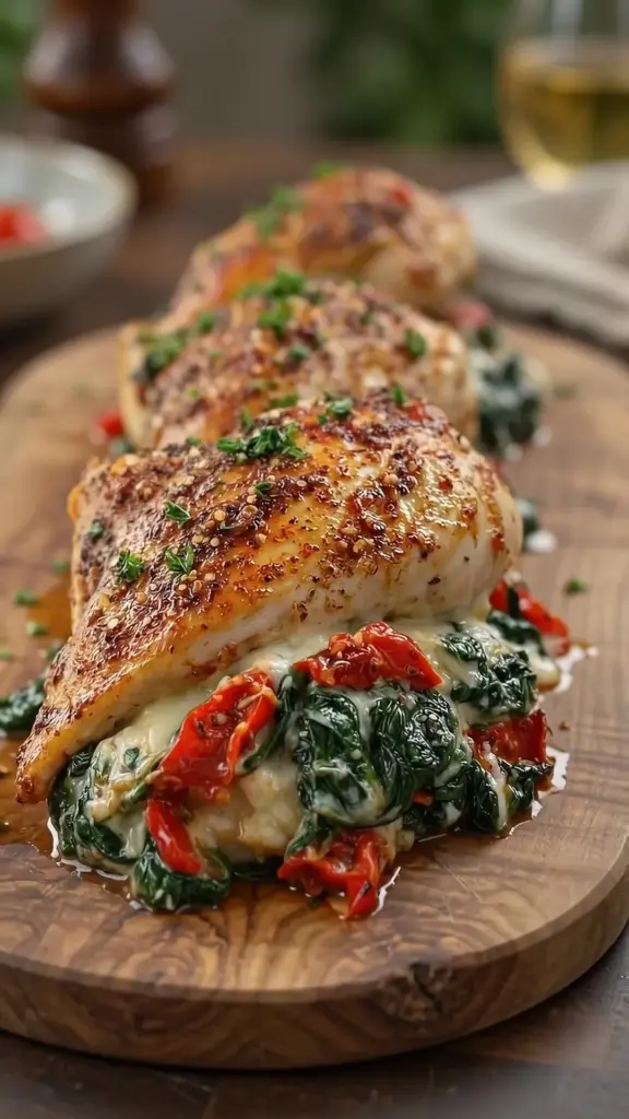 Roasted red pepper, spinach, and mozzarella stuffed chicken on a plate