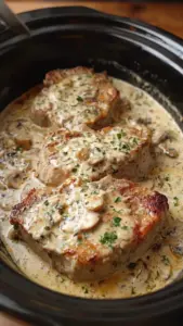 Delicious slow cooker Amish creamy beef chops served with sides