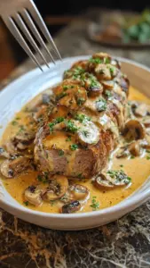 Slow Cooker Creamy Mushroom Beef Tenderloin served on a plate with herbs