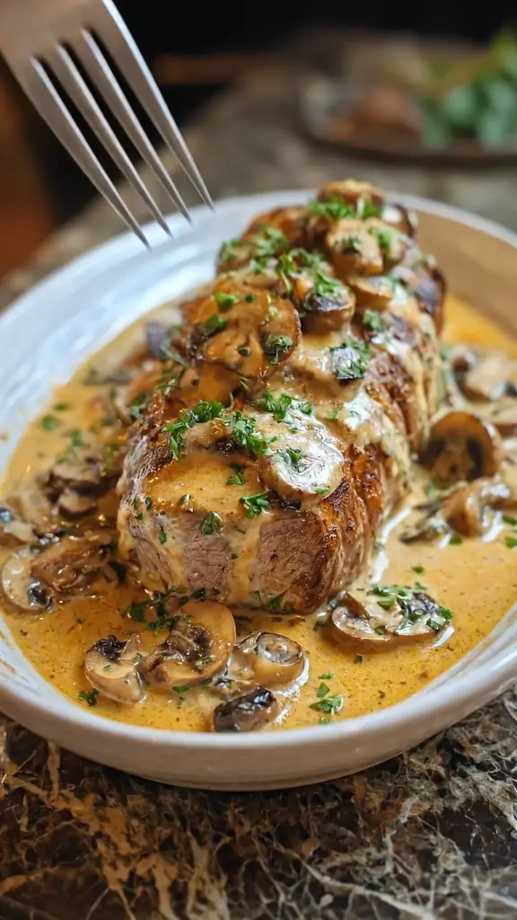 Slow Cooker Creamy Mushroom Beef Tenderloin served on a plate with herbs