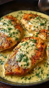 Cheesy garlic butter chicken served on a plate with herbs and cheese garnish.