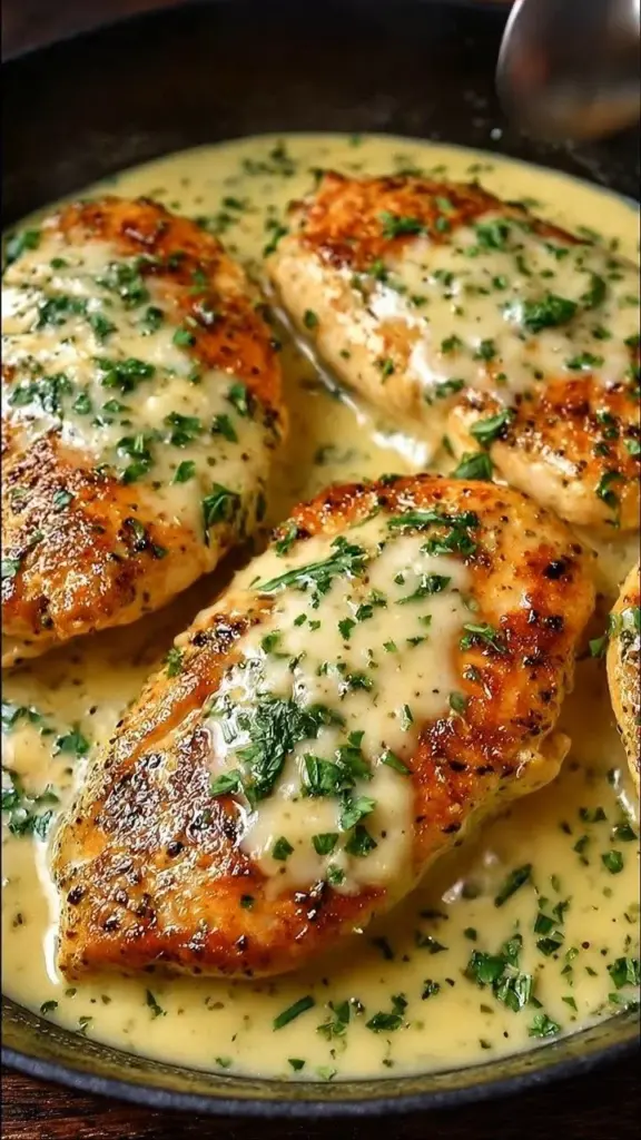 Cheesy garlic butter chicken served on a plate with herbs and cheese garnish.