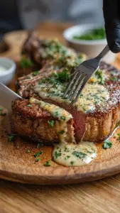 Juicy ribeye steak topped with creamy garlic sauce on a plate