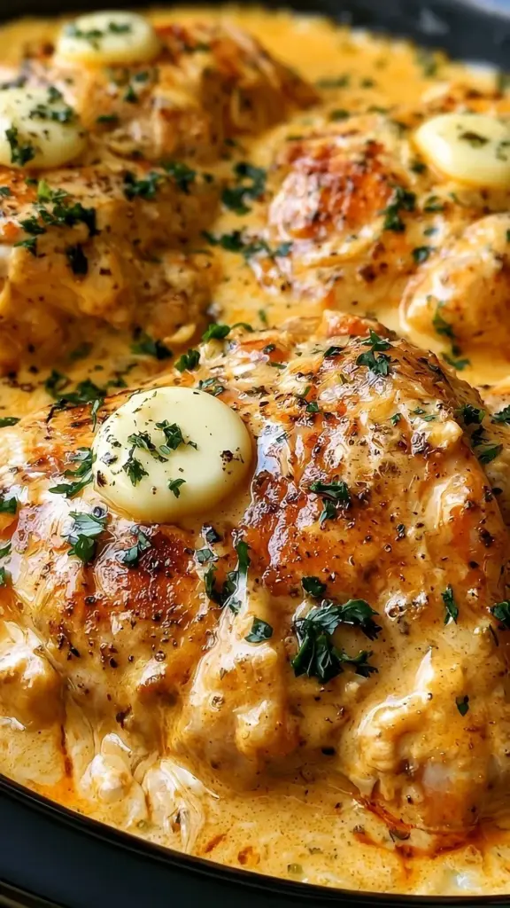 Delicious Slow Cooker Amish Butter Chicken served with rice and herbs