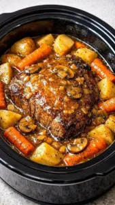 Slow Cooker Mushroom & Herb Pot Roast served with vegetables
