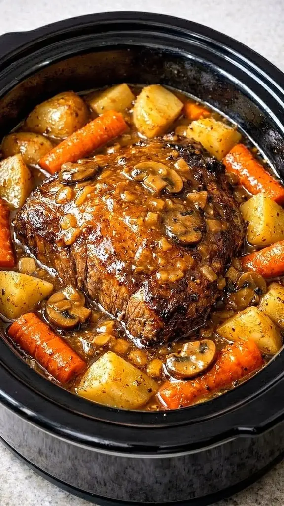 Slow Cooker Mushroom & Herb Pot Roast served with vegetables