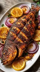 Spiced whole roasted fish served with lemon and onion garnish