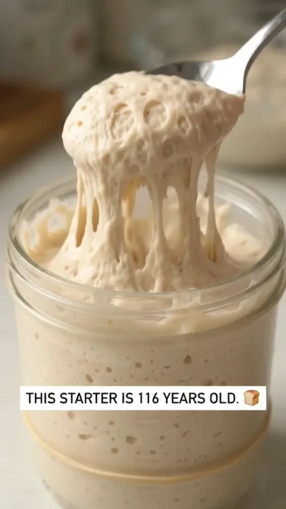 Close-up of a 116-year-old sourdough starter in a glass jar