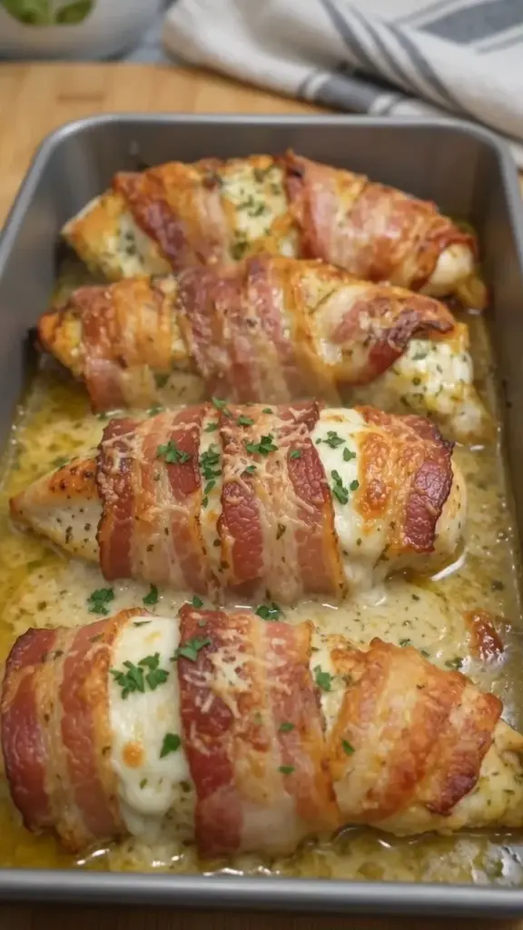 Bacon wrapped garlic Parmesan chicken ready to be served