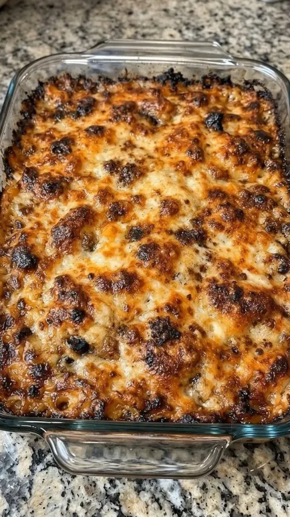 Baked cheesy beef and pasta casserole served in a dish