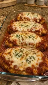 Baked chicken parmesan topped with marinara sauce and melted cheese