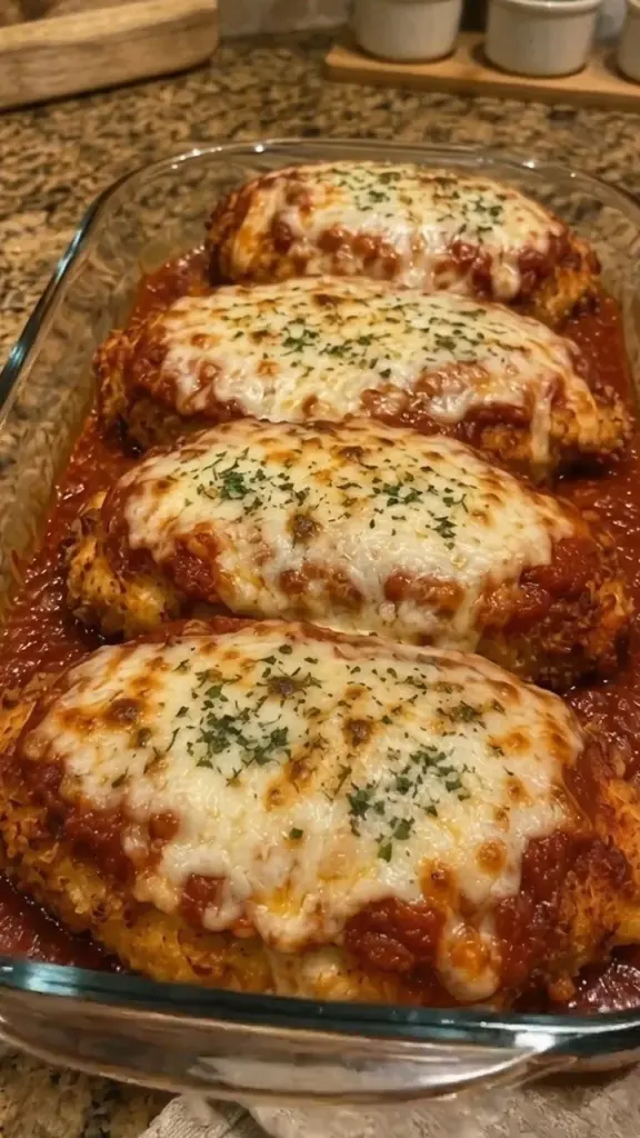 Baked chicken parmesan topped with marinara sauce and melted cheese