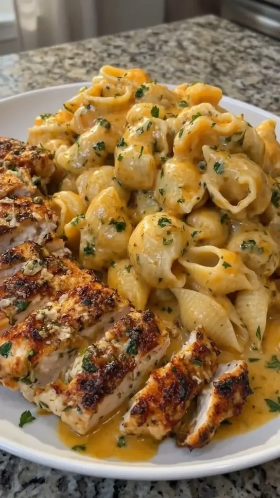 Baked Garlic Butter Chicken Shells topped with Three-Cheese Sauce