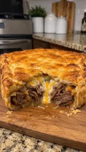 Delicious beef and cheese pot pie served in a golden flaky crust.