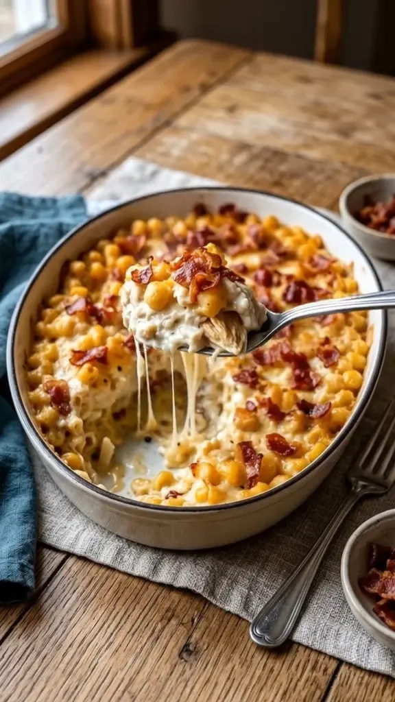 Bowl of cheesy chicken bacon casserole topped with herbs