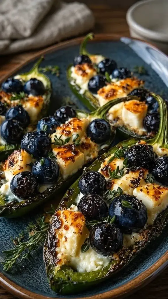 Cheesy garlic shrimp stuffed eggplant bake garnished with herbs