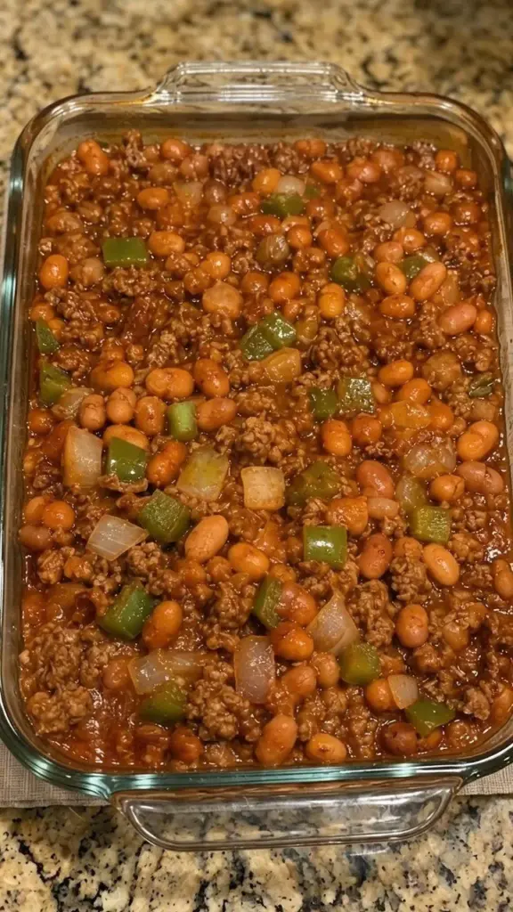 Bowl of Cowboy Baked Beans with spices and bacon on a rustic table