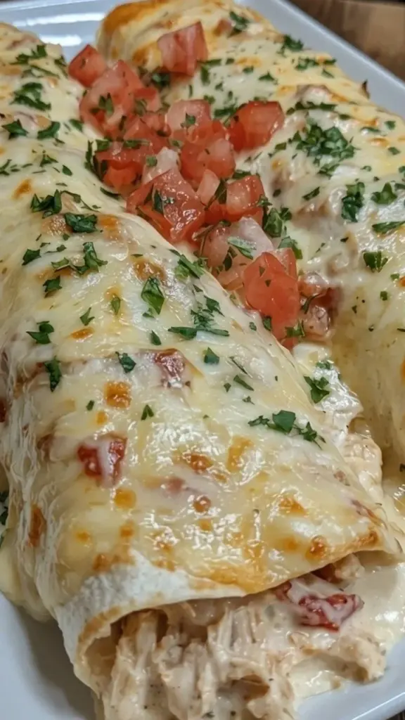 Plate of easy queso chicken enchiladas topped with melted cheese and cilantro