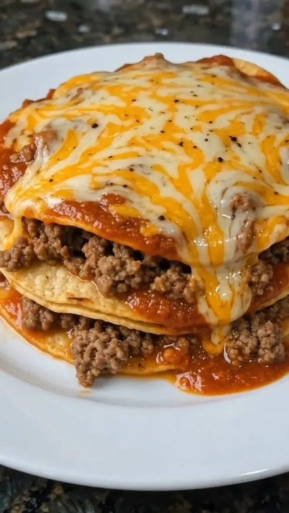 Delicious New Mexico red chile stacked enchiladas served on a plate