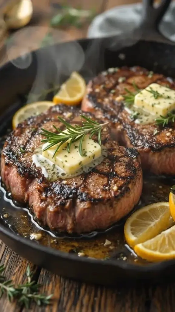 Pan-seared filet mignon garnished with herb butter on a plate