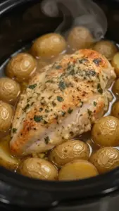 Slow Cooker Garlic Parmesan Chicken and Potatoes served in a bowl