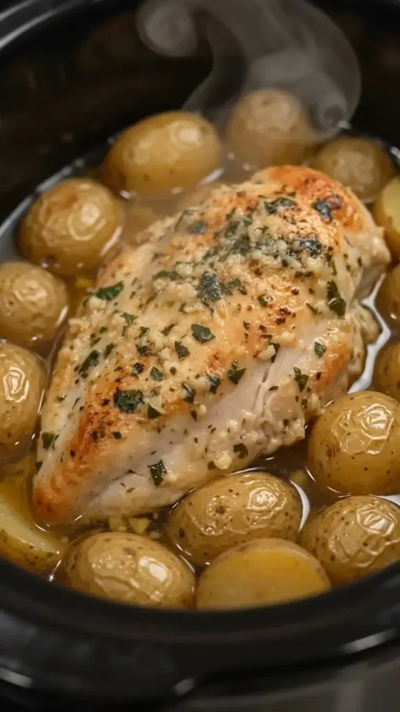 Slow Cooker Garlic Parmesan Chicken and Potatoes served in a bowl
