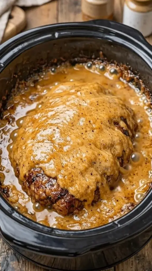 Slow Cooker Salisbury Steak served with rich gravy and mashed potatoes