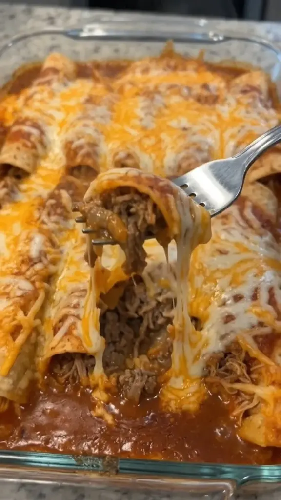 Plate of smothered red chile beef enchiladas topped with cheese and green onions
