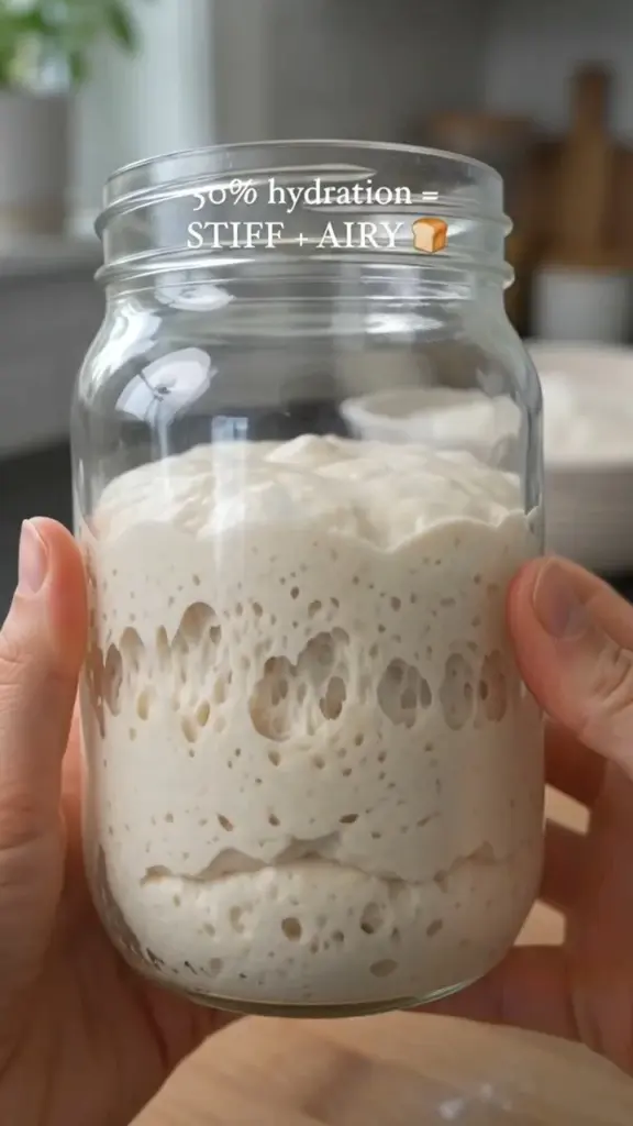A jar of stiff sourdough starter ready for enriched dough preparation.
