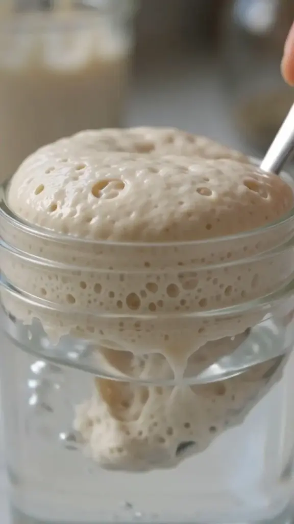 A bubbly sourdough starter in a glass jar, indicating it's ready for use.