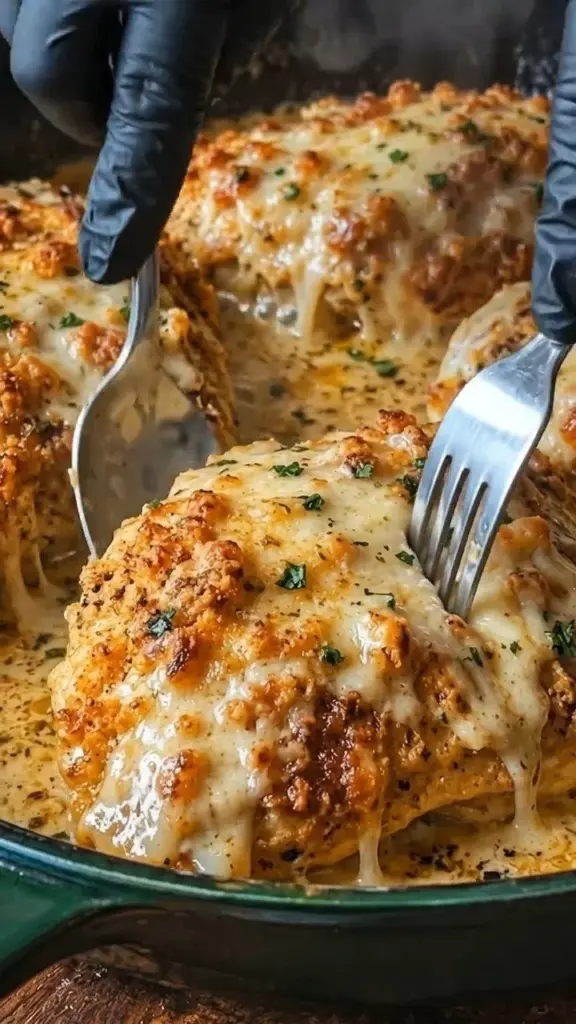 Ultimate cheesy baked chicken skillet served with a side of vegetables