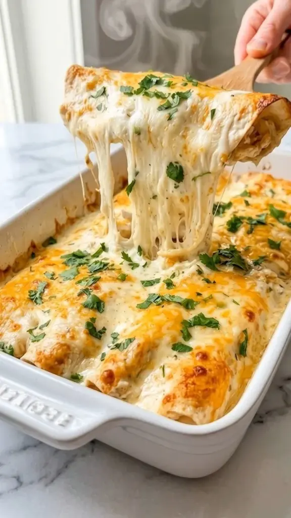Delicious white chicken enchiladas topped with creamy sauce and fresh herbs