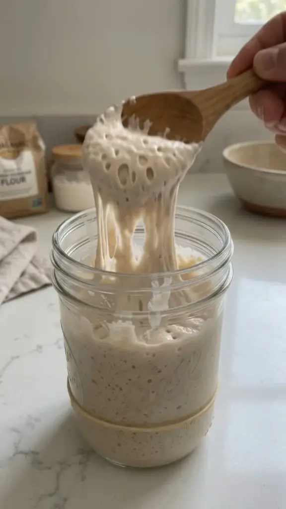 Homemade sourdough starter in a glass jar with fresh bread