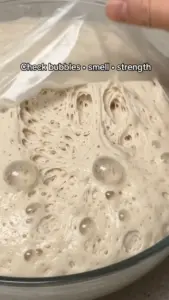 Sourdough dough left on the counter overnight, showing its texture and bubbles.