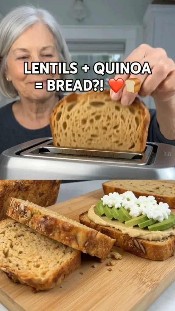 Sliced Red Lentil Quinoa Bread on a wooden cutting board