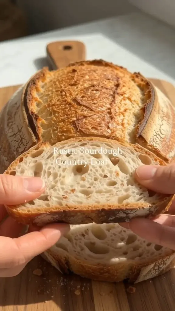 Freshly baked Sourdough Country Loaf bread on a wooden table