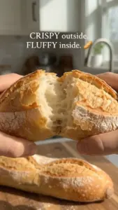 Freshly baked 10-minute baguette on a wooden cutting board