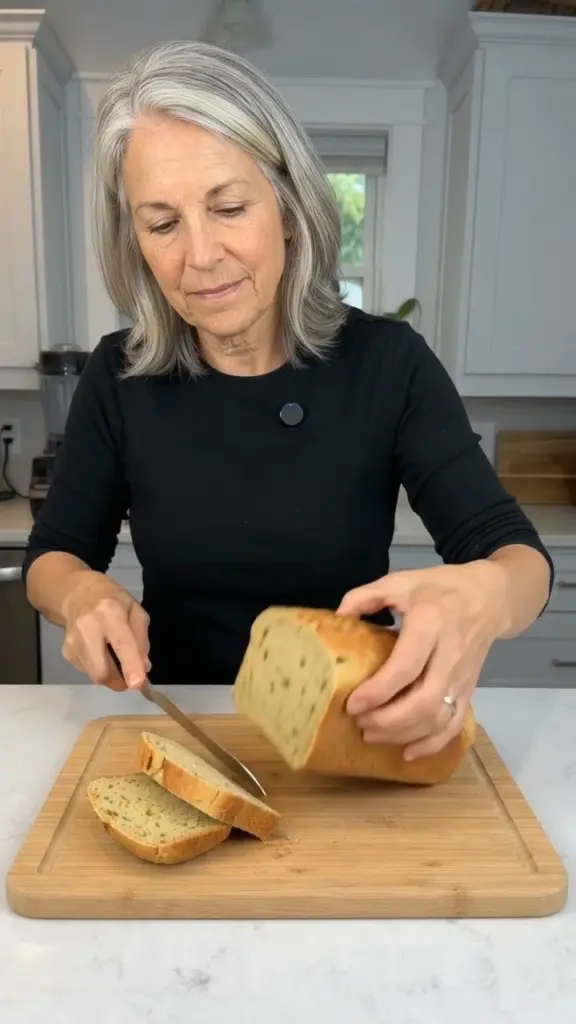 Sliced high-protein split pea bread on a wooden cutting board.