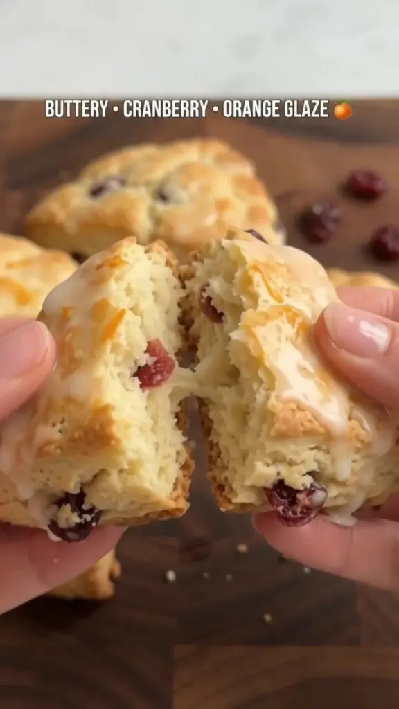 Freshly baked cranberry orange glazed cream scones on a plate