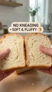 Freshly baked no-knead soft and fluffy sandwich bread loaf